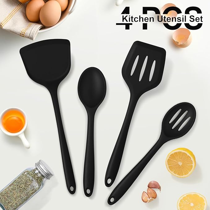 P&P CHEF Kitchen Utensil Set, 4 Pieces Non-stick Silicone Cooking Utensils, Heat-resistant Slotted Solid Spoon Turner for Frying, Mixing, Serving, Non-toxic & Easy to Clean, Black
