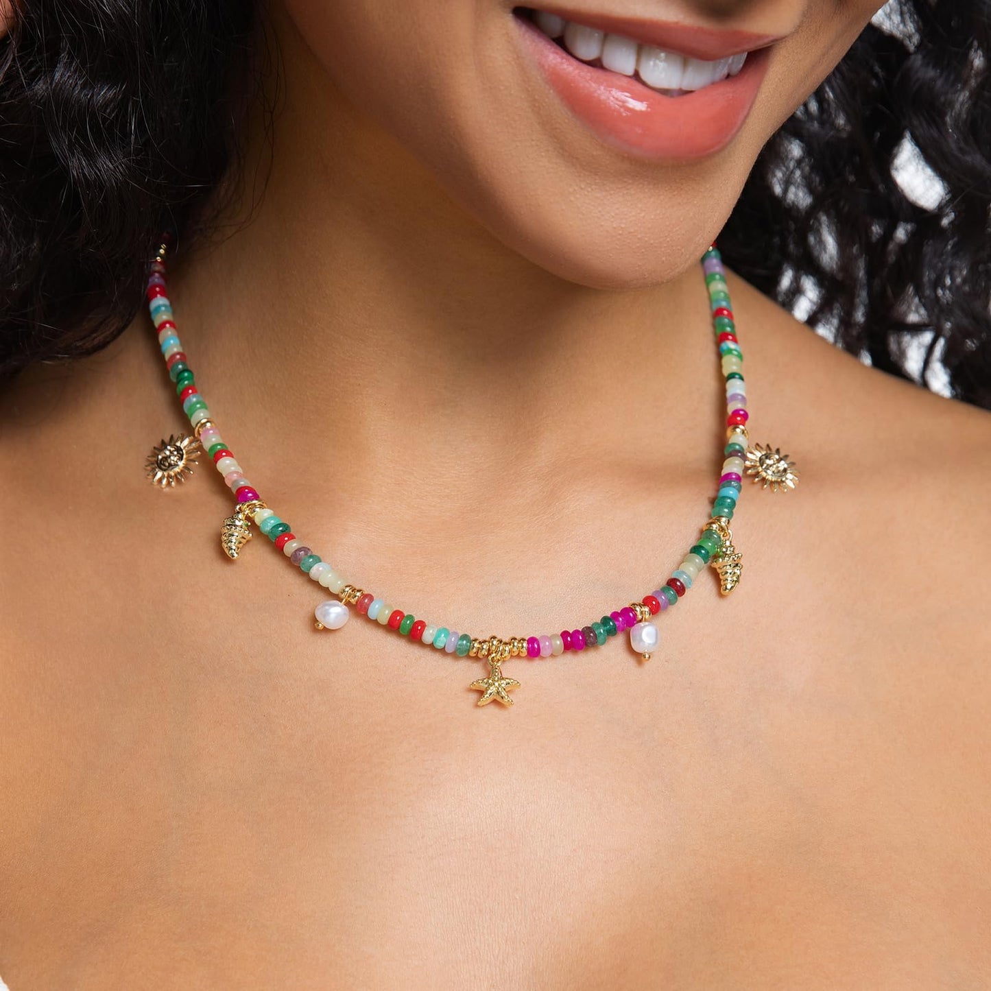 Charm Necklace for Women Colorful Beaded Gemstone Choker 14K Gold Beach Seashell Pearl Pendant Necklace Natural Stone Handmade Jewelry Gift