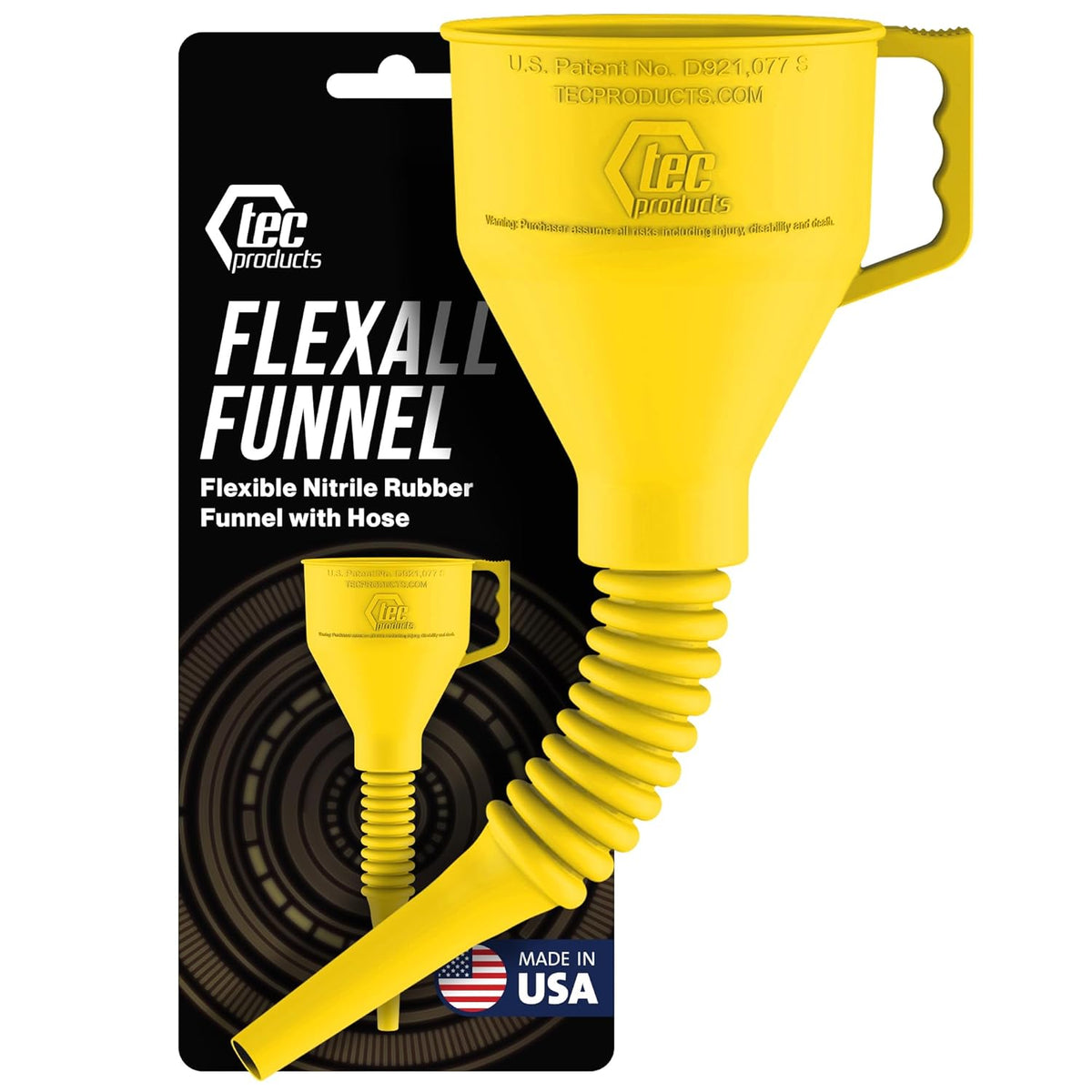 FlexAll Long Flexible Funnel for Automotive Use - Durable Nitrile Rubber - Ideal for Car Oil Change, Transmission Funnel Fluid, Diesel, Fuel, Gas - Made in USA - Yellow (12 x 4 Inches)