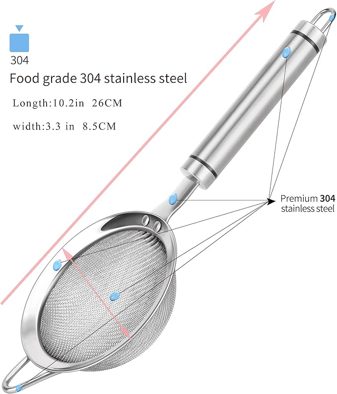304 Stainless Steel Fine Mesh Strainers for Kitchen, Colander-Skimmer with Handle, Sieve Sifters for Food, Tea, Rice, Oil, Noodles, Fruits, Vegetable