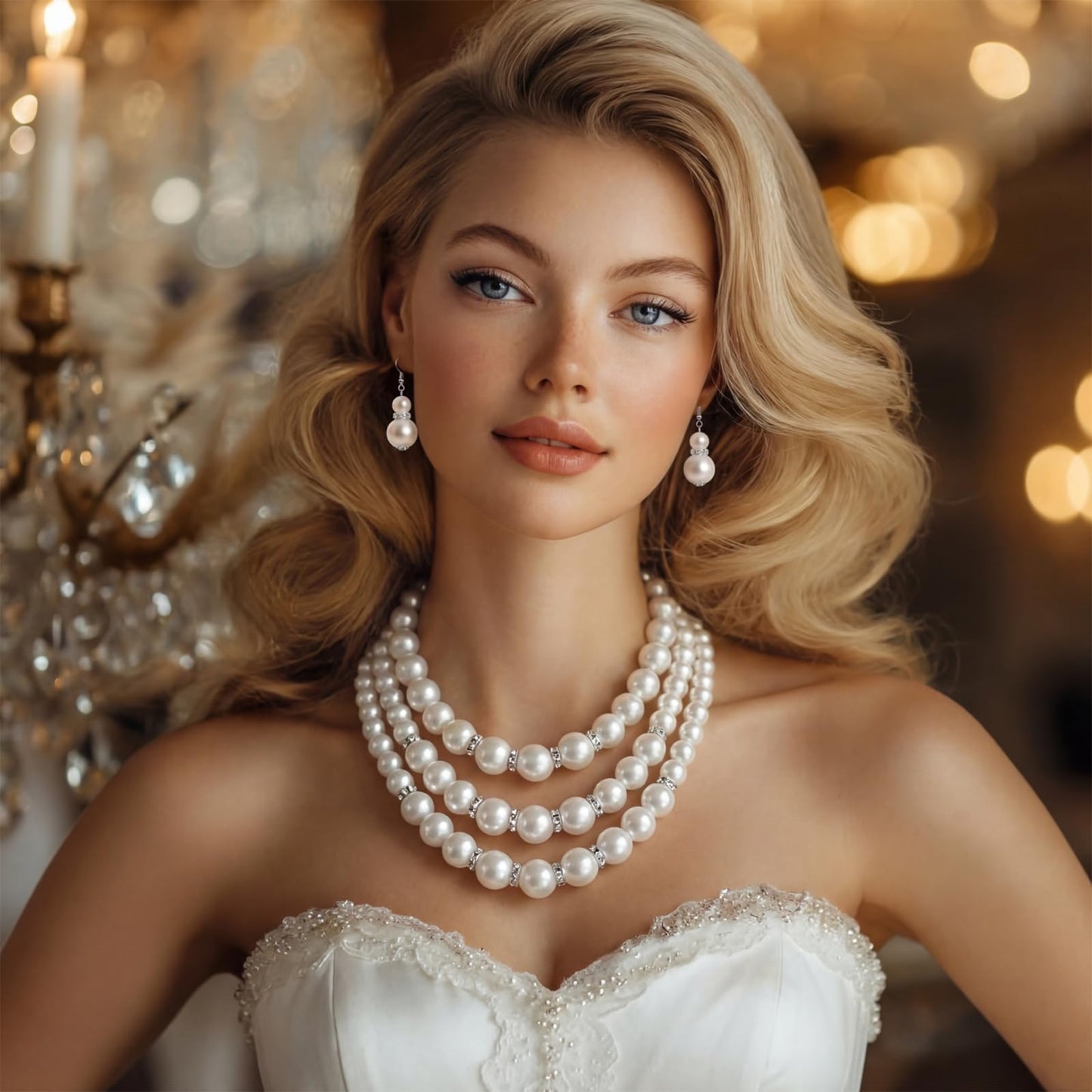 Glenmal Pearl Rhinestone Jewelry Set for Women Pearl Necklace Bracelet Earrings for Wedding Birthday Bridal Shower Tea Party (10 Pcs,Polished Style)