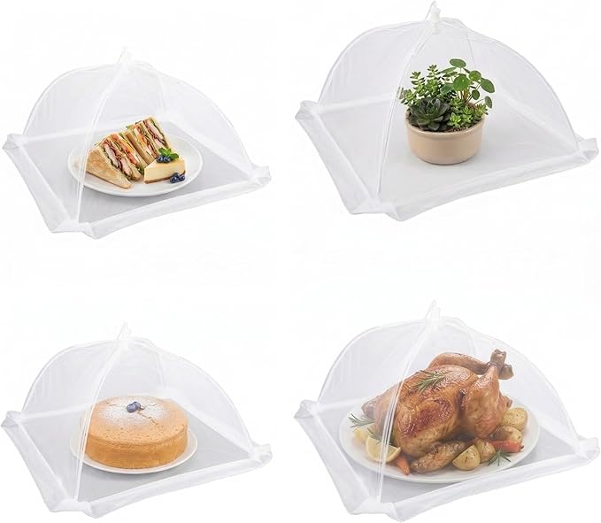 4-Pack Food Cover Mesh Food Tent for Kitchen and Outdoor Use,2 x 17-inch & 2 x 14-inch Pop-Up Screen Tents to Protect Plants Plastic,Collapsible Reusable Covers for BBQ,Fruit Baskets, Parties, Camping