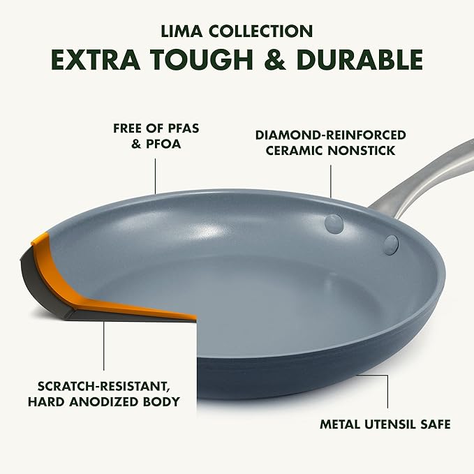 GreenPan Lima Hard Anodized 10" Frying Pan Skillet, Wood Spatula, Ceramic Nonstick, PFAS-Free Nontoxic Pots and Pans, Oven & Broiler Safe, Stainless Steel Handle, Cookware for Eggs & Omelet, Gray