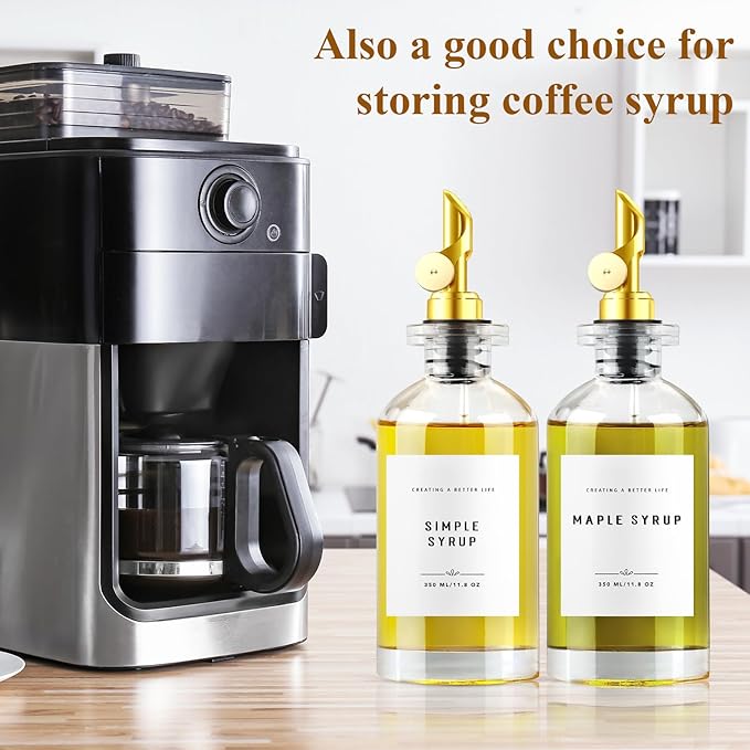 Olive Oil Dispenser Bottle with Bamboo Tray, Metal Pour Spout, Coffee Syrup & Cooking Oil Dispenser for Kitchen