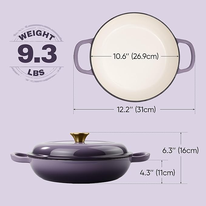 Vintage Style 3 Quart Enameled Cast Iron Braiser, Non Stick Enameled Cast Iron Skillet with Lid, Dutch Oven Skillet with lid up to 500°F for Oven, Stove, Grill, Shallow Dutch Oven for Cook, Bake (Purple)