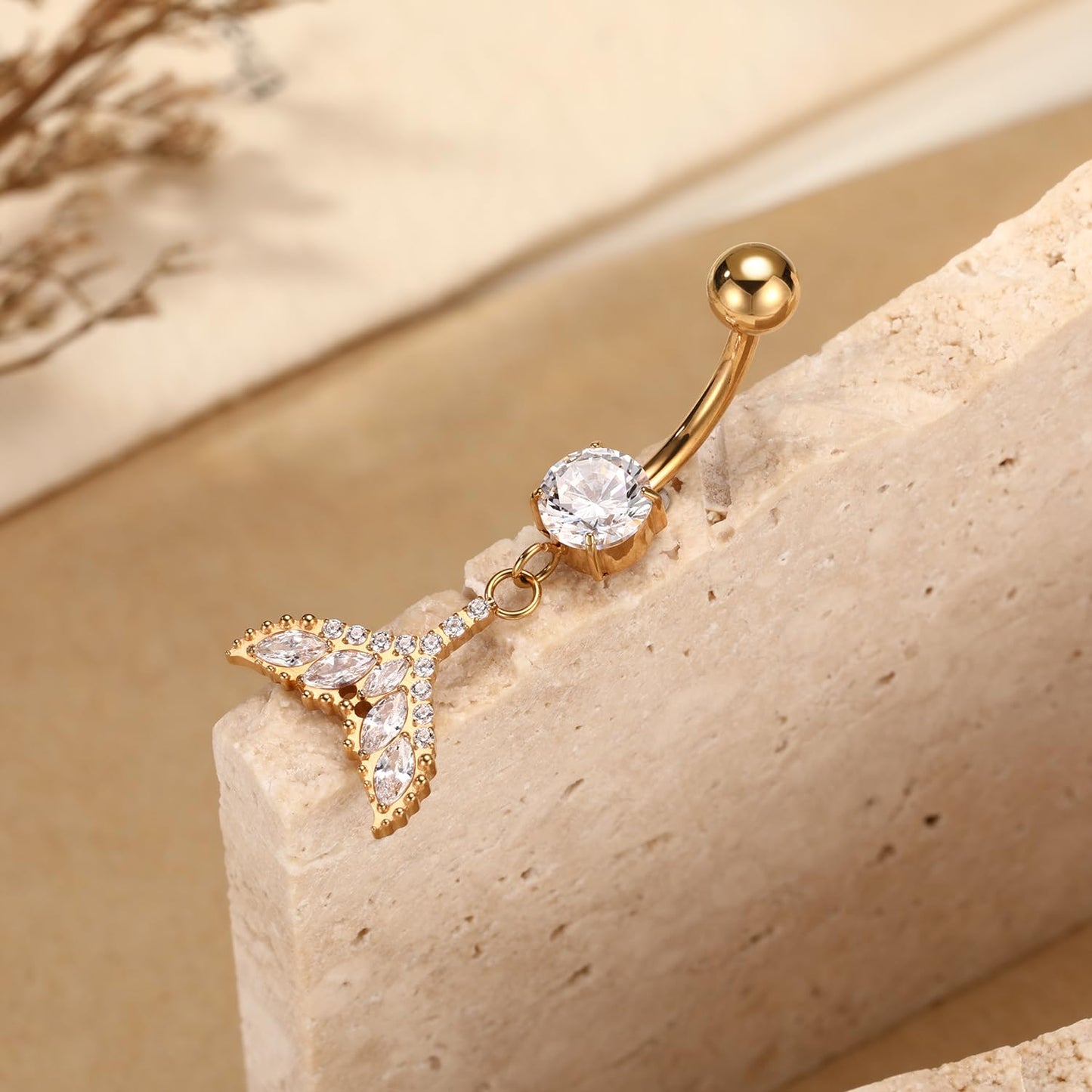 PEAKLINK Dangle Belly Jewelry 14G Internally Threaded Navel Piercing Gold Belly Button Ring 10mm for Women Titanium Curved Barbell with Fishtail CZ Navel Belly Bars