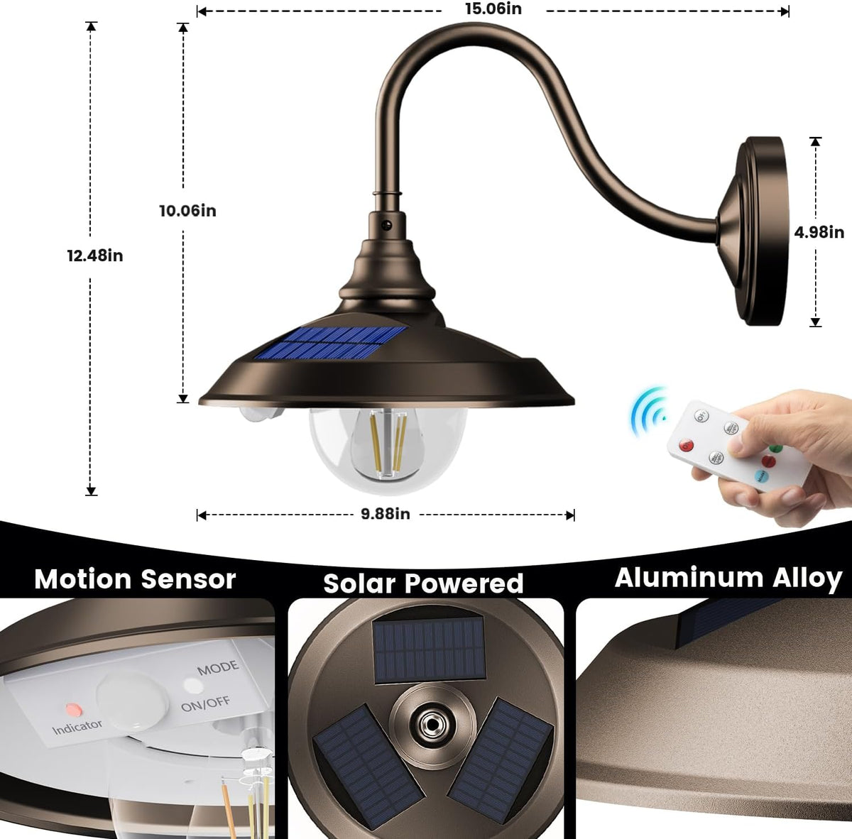SIEDiNLAR Solar Barn Light Outdoor 3 Modes 2 Lighting, Aluminum Gooseneck Wall Light Vintage Farmhouse Waterproof with Remote & Motion Sensor for Barn Garage Shed Chicken Coop Dark Bronze (1 Pack)