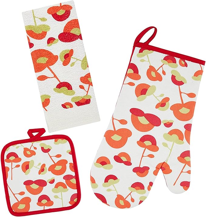 Oven Mitts and Potholders Dish Towles Set 100% Cotton for Perfect for Gifting, Baking, and Everyday Cooking Durable Heat Resistant for Kitchen and Machine Washable (3-Piece Red Flower)