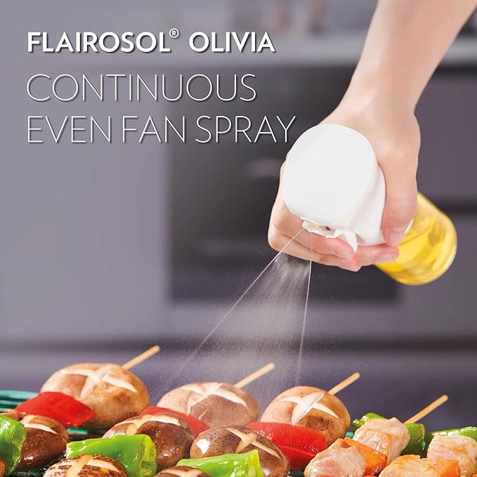 OLIVIA. The Original Advanced Oil Sprayer for Cooking, Salads, BBQs and More, Continuous Spray with Portion Control, Trusted by Chefs. Patented Technology. (Glass Bottle) (White Print)