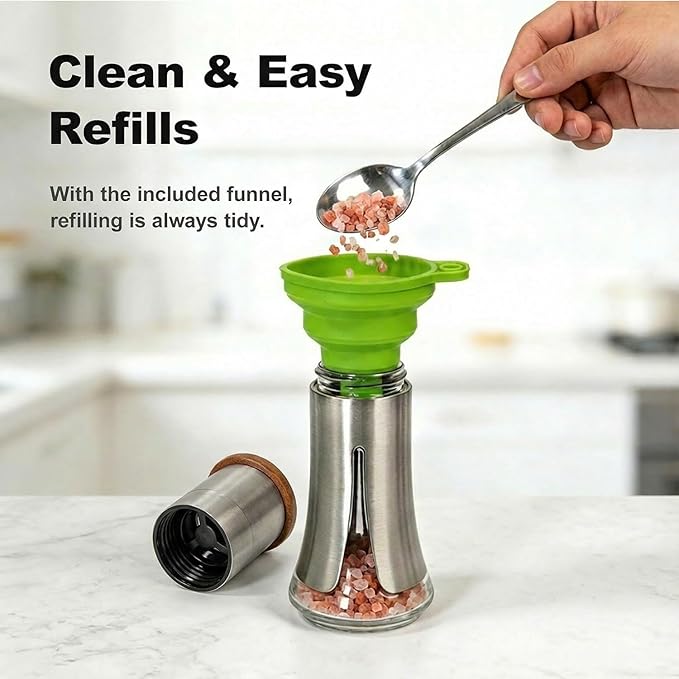 Aelga Salt and Pepper Grinder Set with Wooden Tray - 4oz Glass Manual Pepper Mill with 5-Level Adjustable Coarseness, Refillable Salt Grinder with Wood Lid, Silicone Funnel