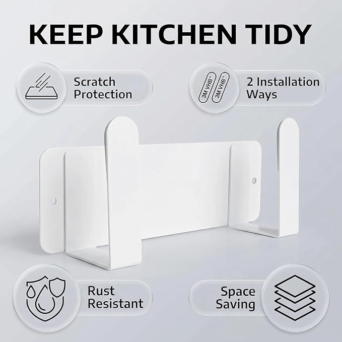 Pot Lid Rack, Wall Mounted 304 Stainless Steel Pan Lid Organizer Holder, Self Adhesive, Kitchen Cooking Utensil Tool (White)