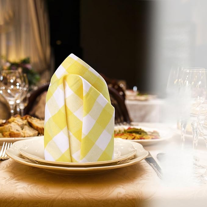 Urban Villa Cotton Dinner Napkins Set of 6, Highly Absorbent 20x20 Inches Premium Cloth Napkins Hotel Quality Reusable & Washable Table Dinner Napkins for Home & Weddings - Yellow/White, Checks