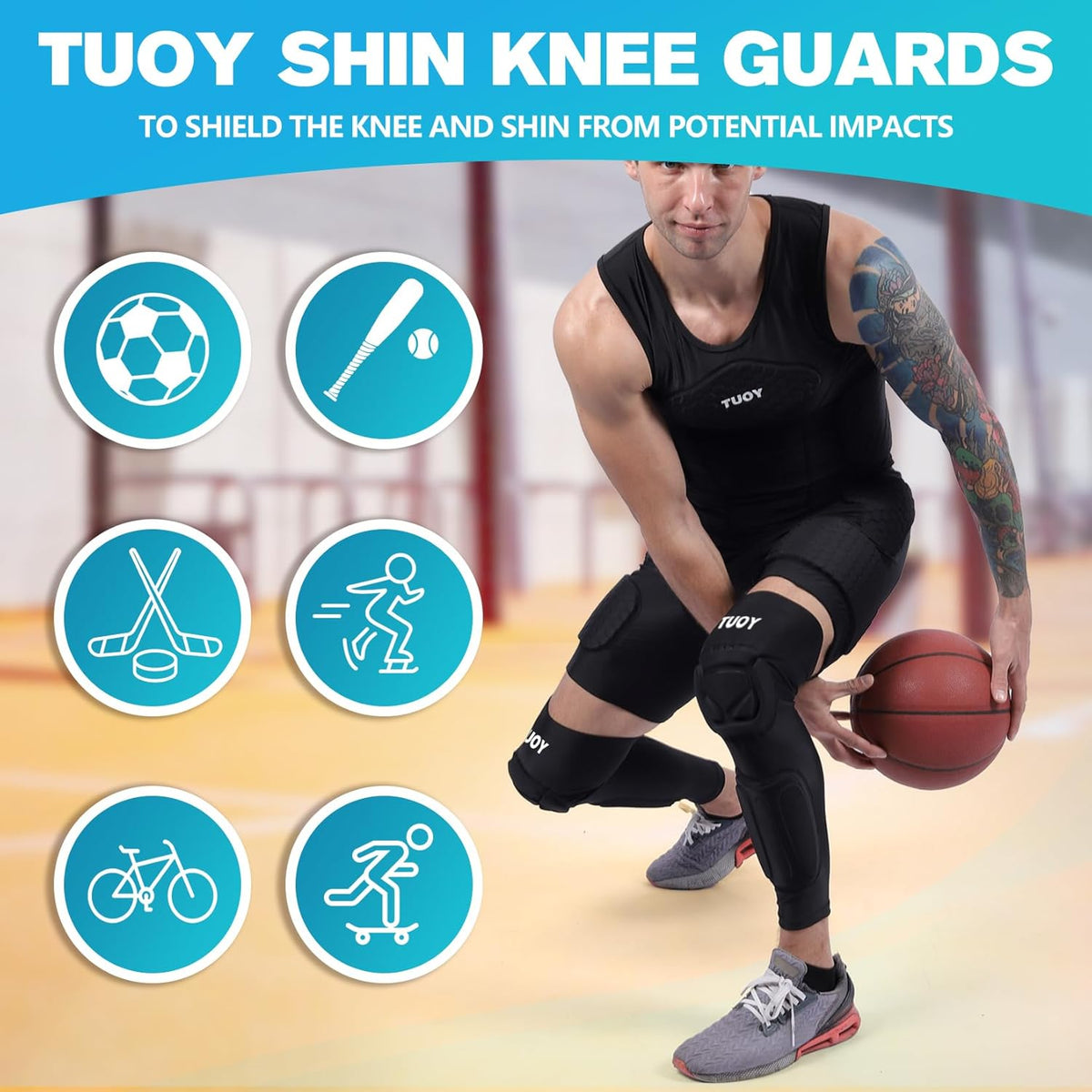 TUOY Knee Pad with Shin Guard Pads, Protective Shin/Knee Sleeve Support for Soccer, Football, Basketball, Wrestling, Volleyball (A Pair)