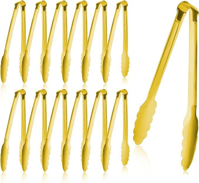 Buffet Tongs 7'' Inches Serving Tongs Heavy Duty Stainless steel Kitchen and BBQ Utility Tong Pack of 12 (Gold, 7inch)