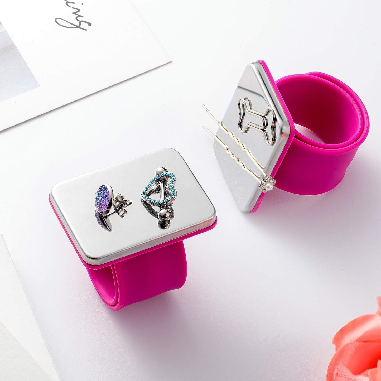 2 Pieces Magnetic Pin Holder Sewing Pincushion, Wristband Pin Cushion Magnetic Holder for Quilting Sewing Pins Hair Clips with Flannelette Bag, Silicone Wrist Strap Bracelet(Rose Red)
