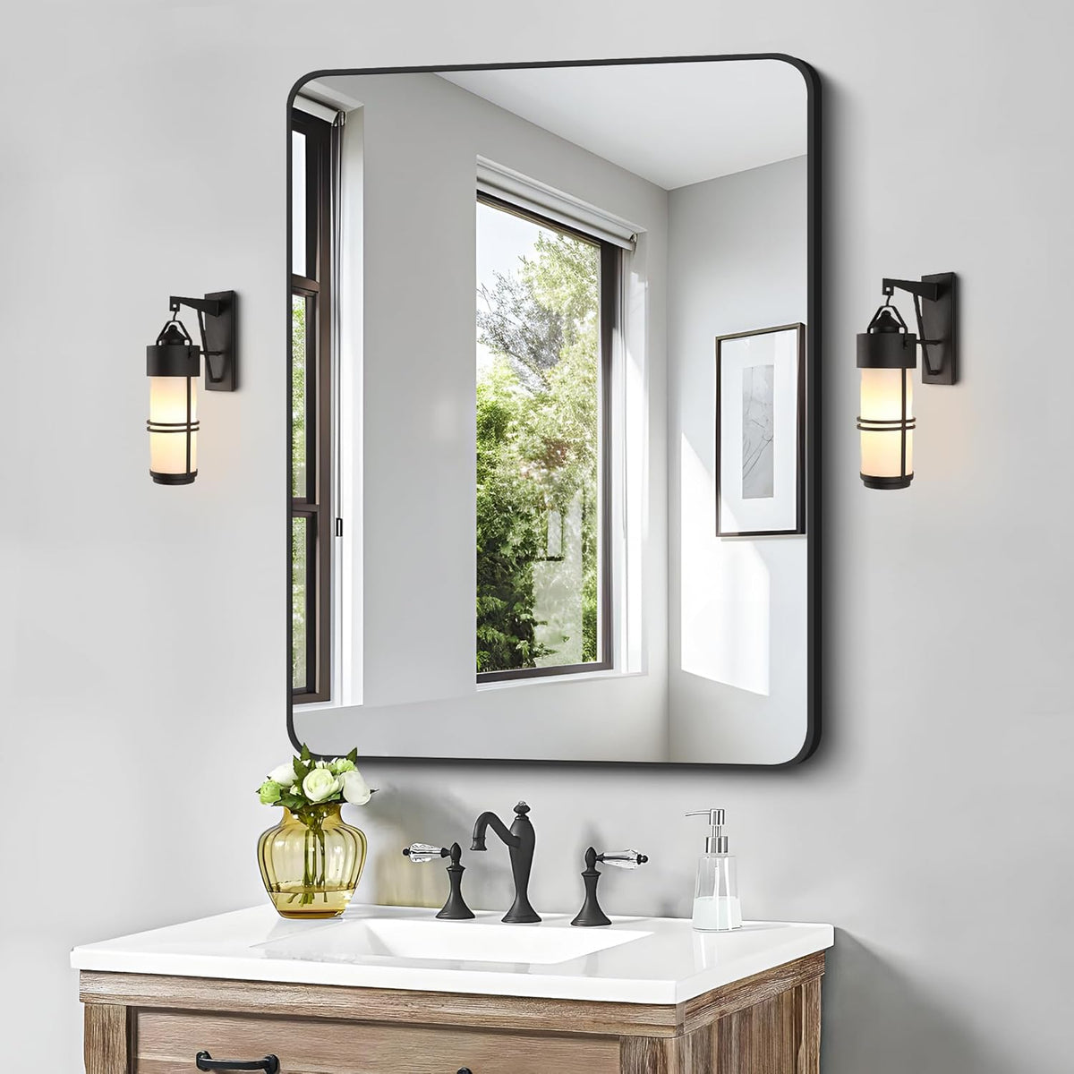 FORBATH Bathroom Mirror 30" X 40", Large Rectangular Wall Mirror, Black Metal Framed Rounded Corner Wall Mounted Mirror for Bathroom Bedroom Entryway Decor(Horizontal/Vertical)