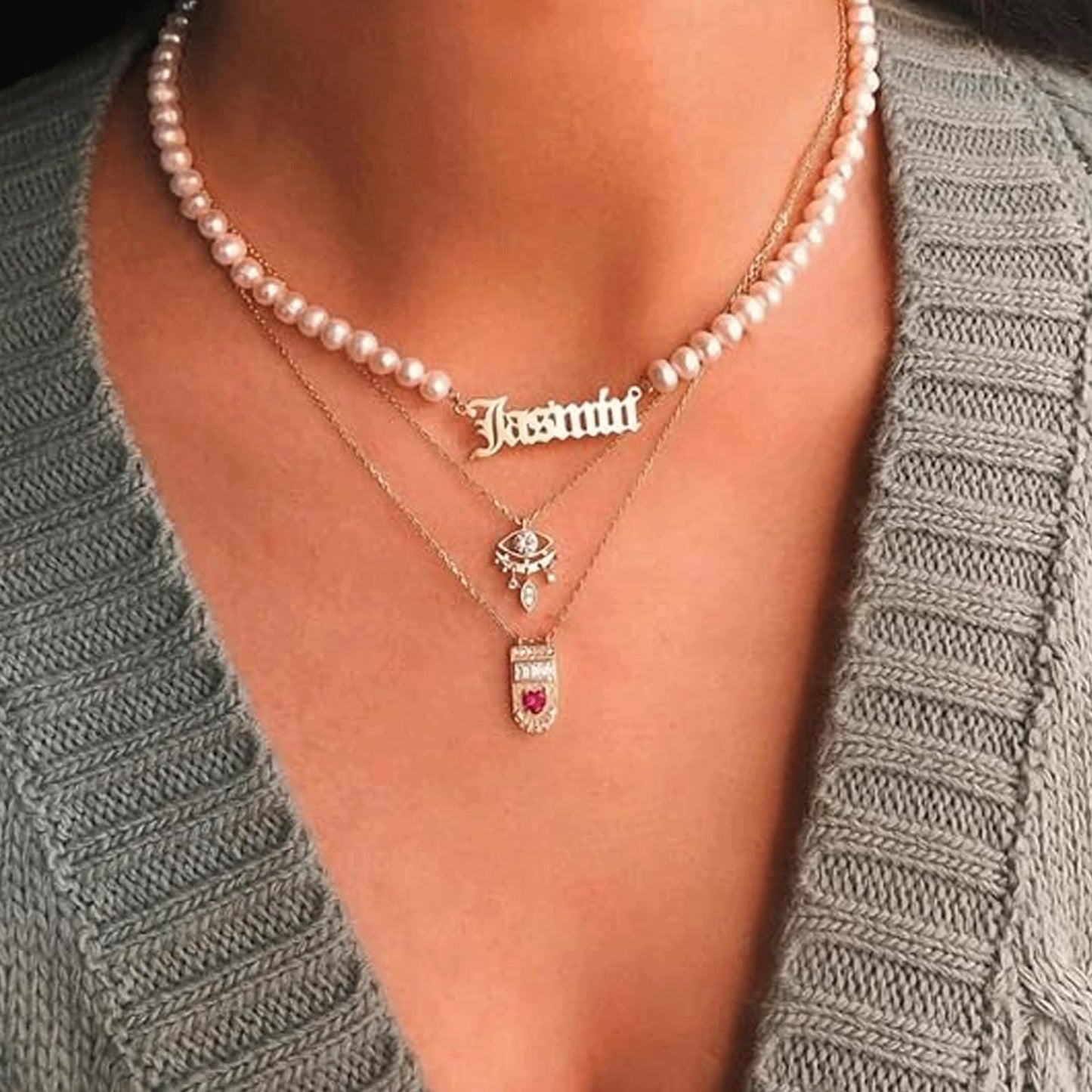 POPLYKE Custom Name Necklace with Pearl Sterling Silver Chain 7-8mm Round White Pearl Necklaces Personalized Choker Name Jewelry Gifts for Women
