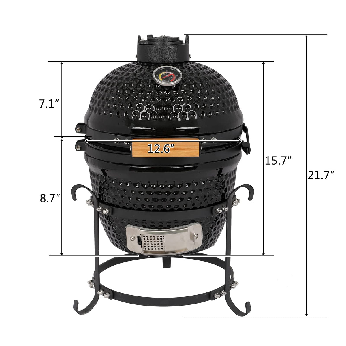 Sky Limited 13" Round Kamado Charcoal Grill, Portable Ceramic Barbecue Grill with Thermometer for Variations on Cooking Methods(Black) (Black)