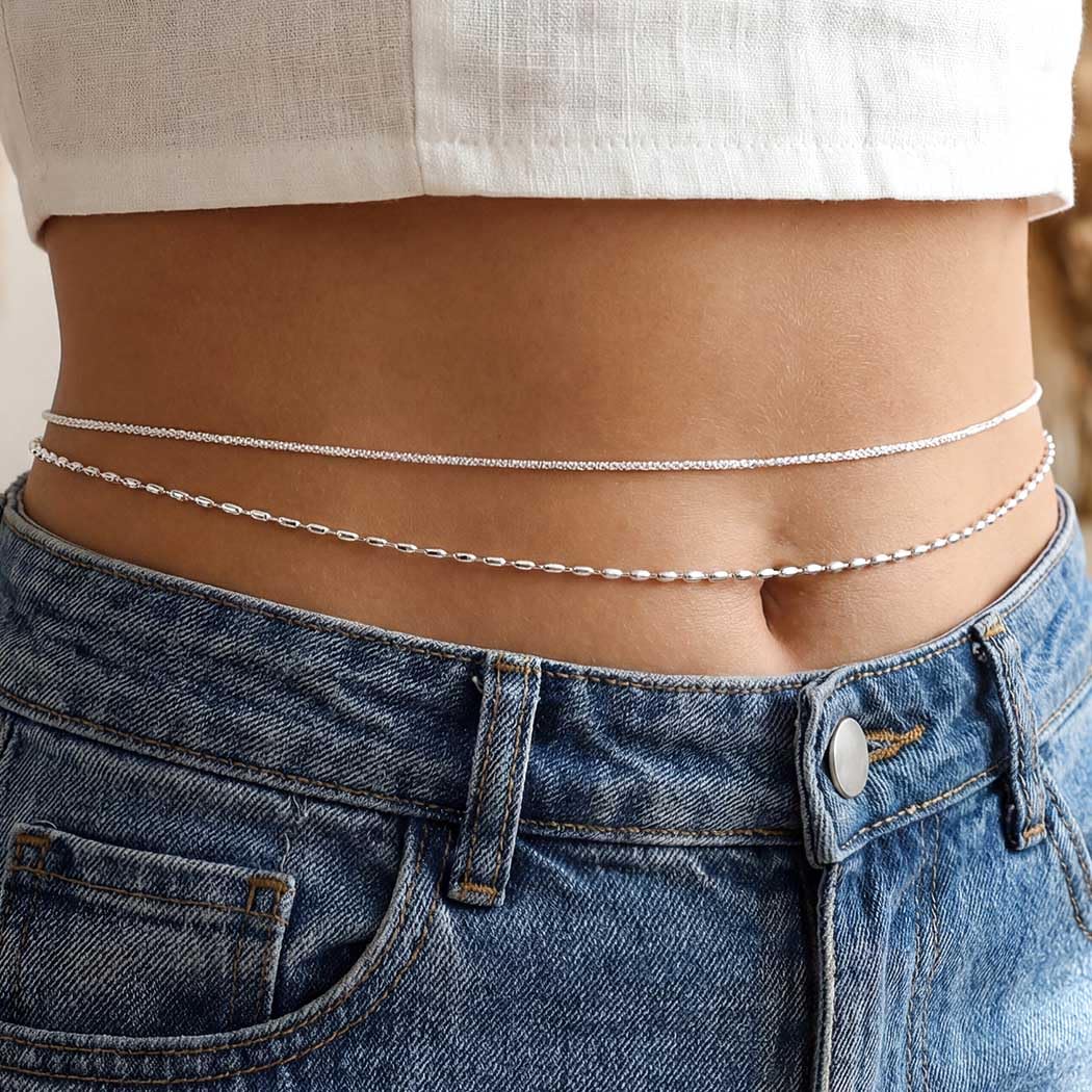 Wriidy Layered Silver Beaded Waist Chain Shiny Belly Chain Women Body Jewelry Accessories for Beach