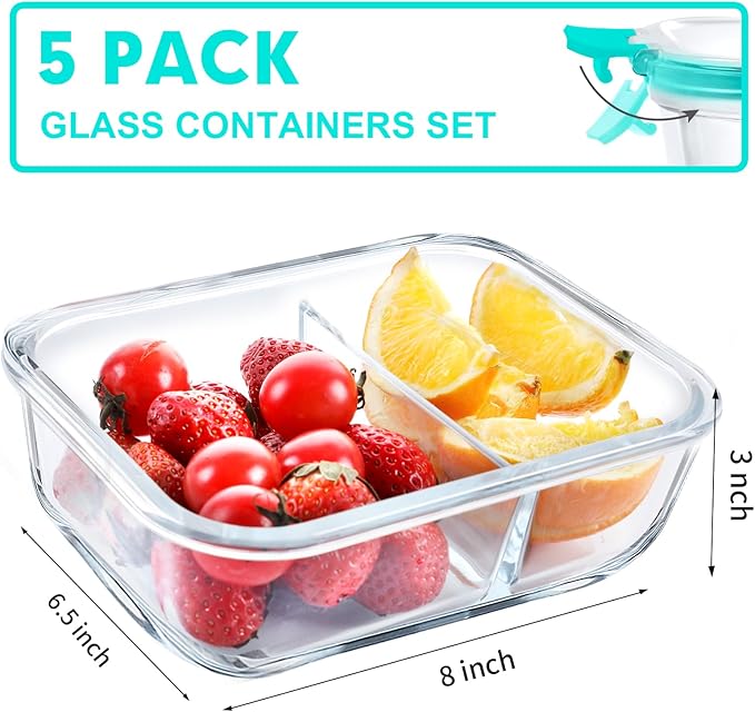 VERONES 5 Pack Glass Meal Prep Containers 2 Compartment Set, 36OZ Airtight Glass Lunch Containers, Glass Food Storage Containers with Lids, for Microwave, Oven, Freezer & Dishwasher Friendly,Green