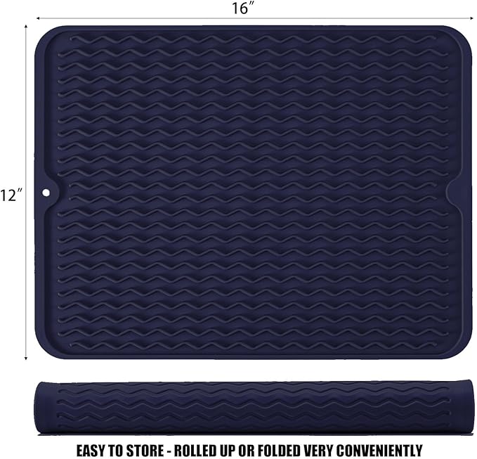 Silicone Dish Drying Mat for Multiple Usage, Easy clean, Eco-friendly, Heat-resistant Dish Drainer Mat for Kitchen Counter,Sink,Refrigerator or Drawer liner (16" x 12", Dark Blue)