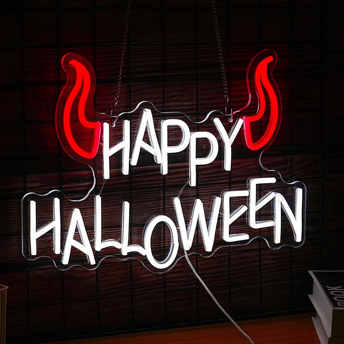 Happy Halloween Neon Sign - Dimmable LED Red Little Corner Light for Wall Decor - USB Powered for Halloween Decoration, Home Spooky Party, Bedroom Decor