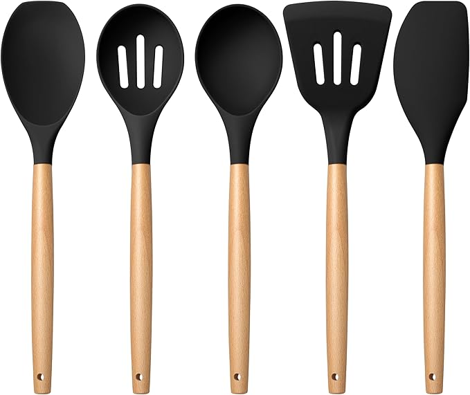 E-far Silicone Cooking Utensils Set, 5-Piece Black Kitchen Utensils Set with Wooden Handle for Cooking, Silicone Kitchen Nonstick Tools Spatula Turner Slotted Spoons, Nontoxic & Heat Resistant-Black