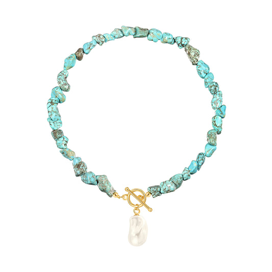 Chunky Statement Turquoise Necklace, Big Baroque Pearl Pendant Choker, Trendy Turquoise Jewelry for Summer
