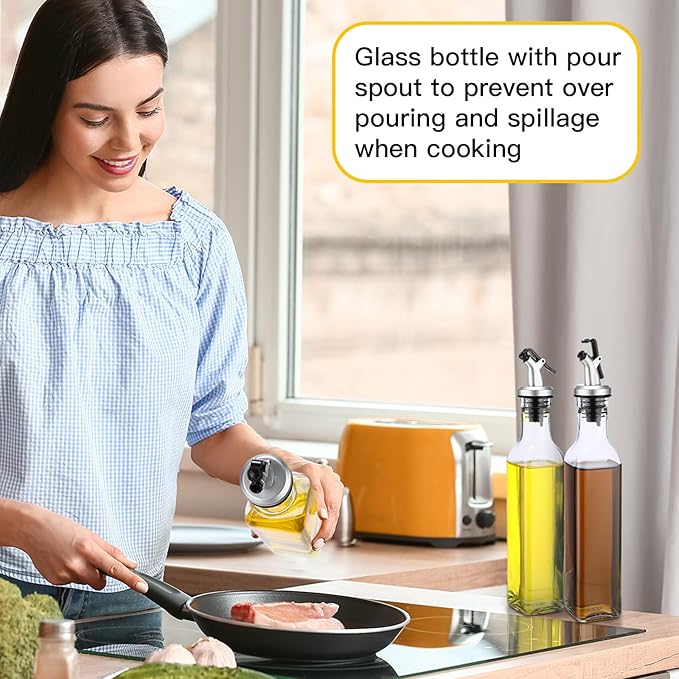 Hushee 12 Pcs Clear Glass Olive Oil Dispenser Bottles Sets Include 8oz Glass Bottle with Spout Oil Vinegar Cruet Container for Kitchen Stainless Steel Funnel Black Labels with White Pen(Silver)