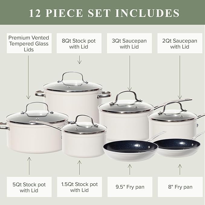 Nuwave Healthy Duralon Blue Ceramic Nonstick Cookware Set, Diamond Infused Scratch-Resistant, PFAS Free, Dishwasher & Oven Safe, Induction Ready & Evenly Heats, Tempered Glass Lids & Stay-Cool Handles
