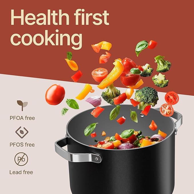 Bakken 5 Quart Ceramic Coated Stock Pot with Lid, Easy to Clean Nonstick Pot, Tempered Glass Lid, Riveted Stainless Steel Handles, Oven Safe Up To 500°F, PTFE & PFAS Free, All Stove Compatible, Black
