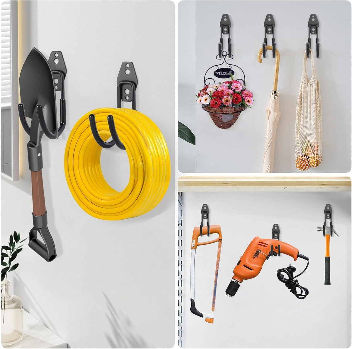Garage Hanging Hooks Wall Mount, Garage Tool Storage Hooks, Wall Hangers for Hose, Tools, Garden Equipment, Ladder, Bikes, Broom and mop, Balck