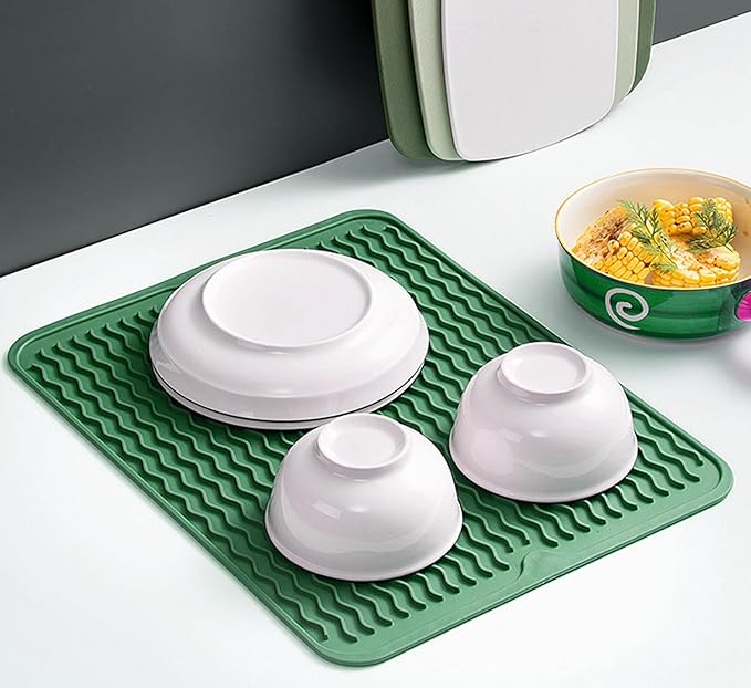 Large 24" x 18" Silicone Dish Drying Mat for Kitchen Counter, Easy clean, Quick Dry, Heat-resistant Dish Drainer Mat for Sink,Refrigerator or Drawer liner (Food Grade Silicone-Dark Green)