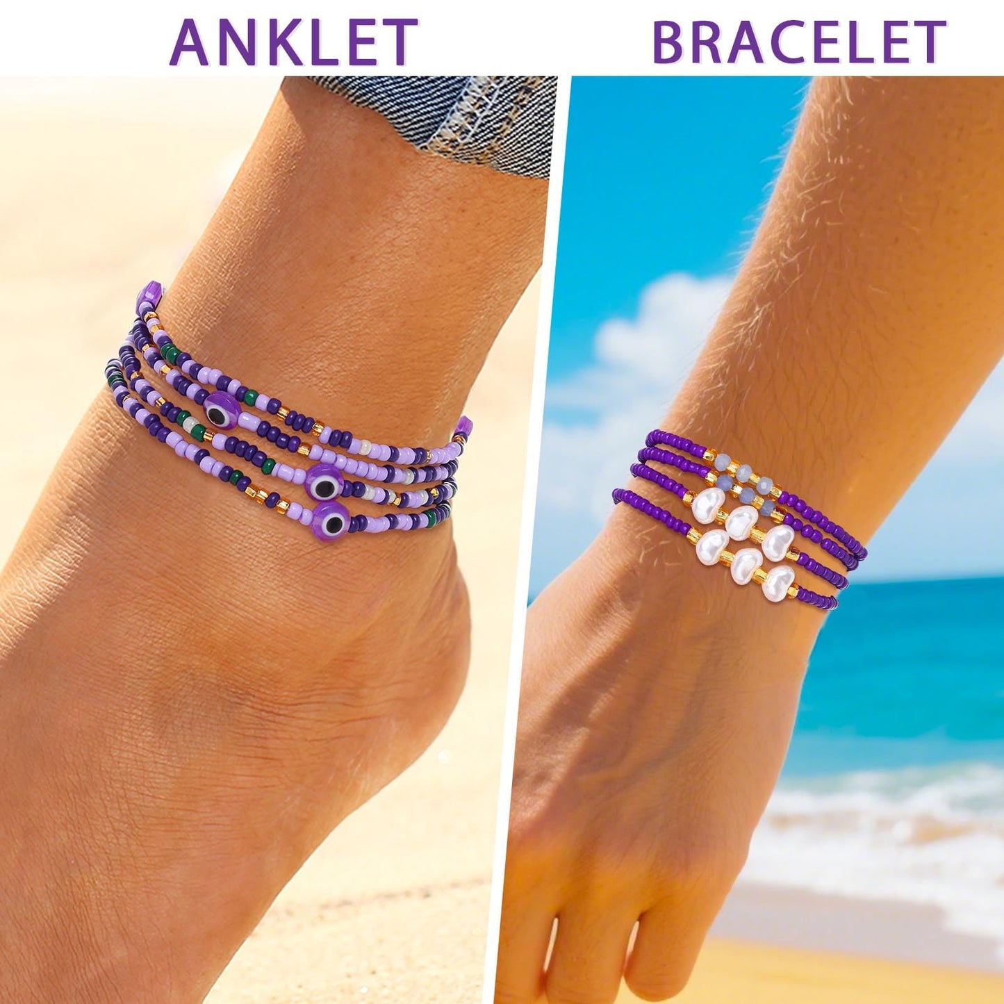 ELABEST Adjustable Handmade Waist Beads Stretchy 23-52 inch 8Pcs Chakra Yoga Body Belly Beaded Women Waist, Anklet, Bracelet, Necklace Jewelry with Screw clasp (Purple, 31.5inch/80cm)