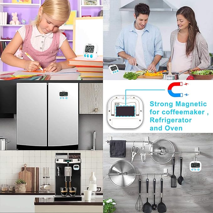 Uigos 2 Pack Digital Kitchen Timer II 2.0, Big Digits, Loud Alarm, Magnetic Backing, Stand, for Cooking Baking Sports Games Office (White) (2 Pack)