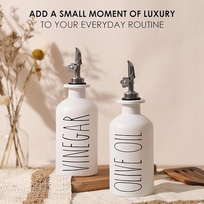 HOMCDALY Premium Olive Oil Dispenser for Kitchen, 11.8oz Glass Oil Bottles with Bamboo Tray, White Oil&Vinegar Cruet Set, Kitchen Dispenser Bottles with Pourer| Set of 2 (11.8oz –P–White)