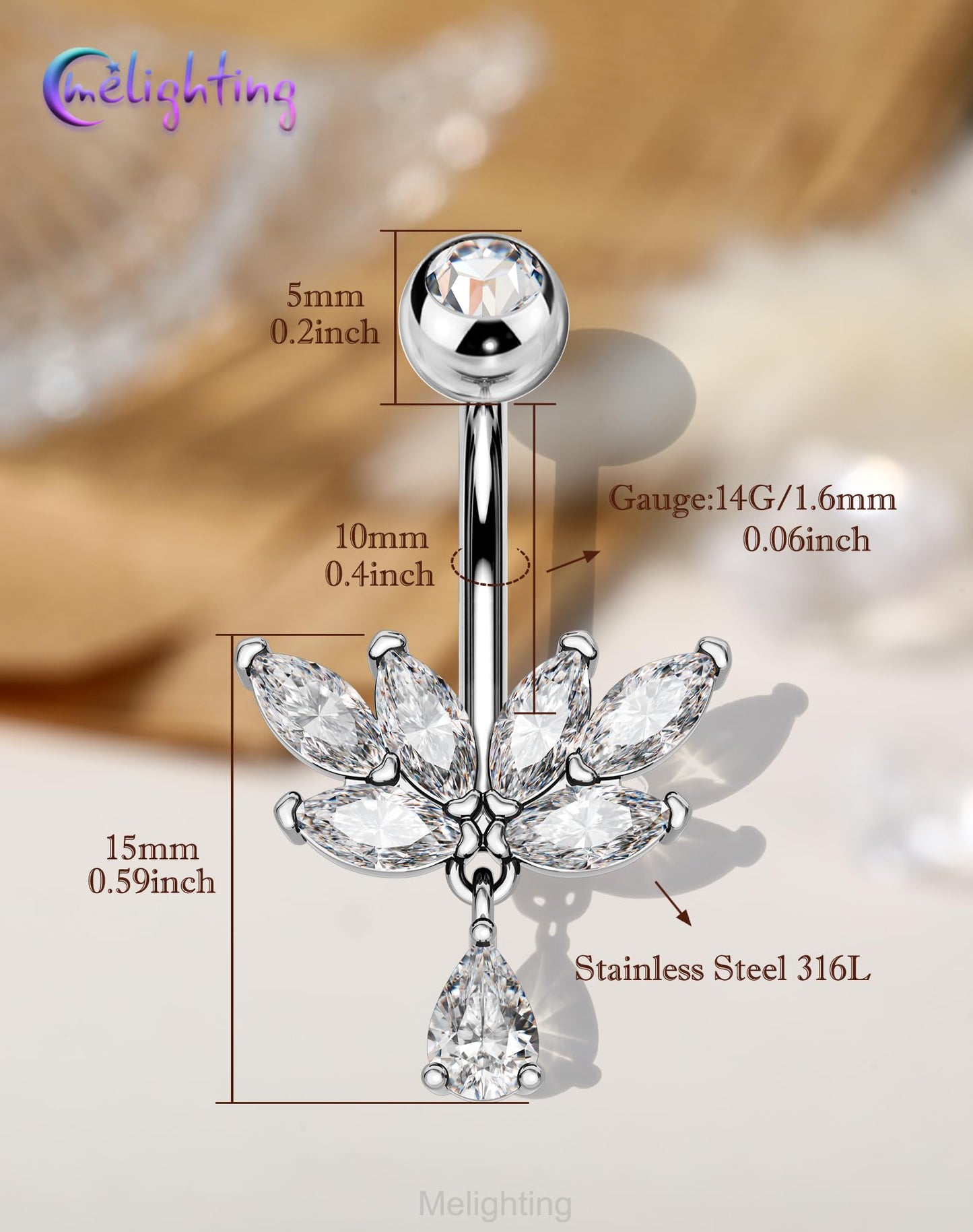 Melighting 14G Lotus Belly Button Ring Stainless Steel 316L Dangle Navel Piercing Jewelry Marquise CZ Belly Bar 10 mm Silver Body Jewellery for Women