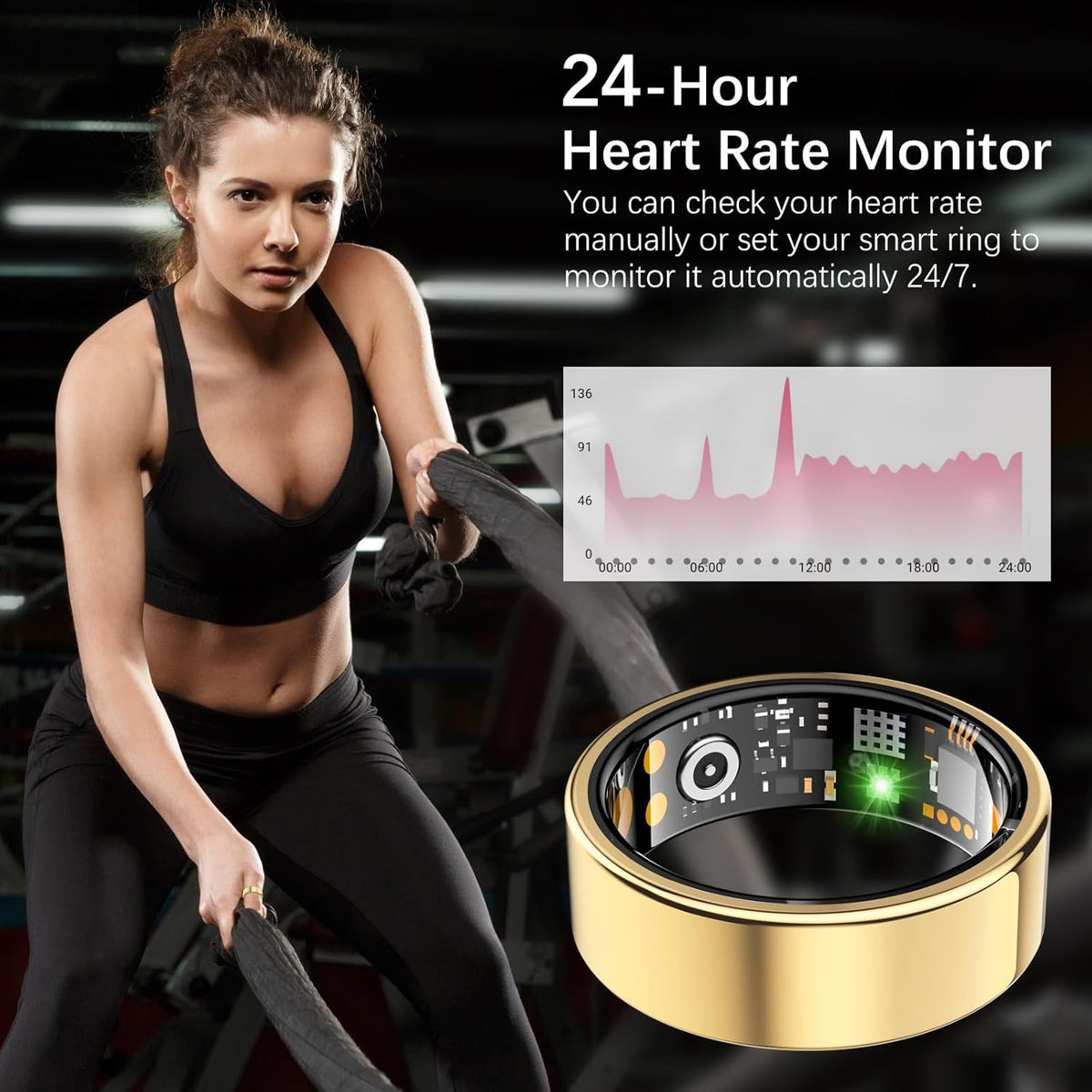Ring Health Tracker for Women Men, Fit Ring with Heart Rate, Blood Oxygen, Sleep Monitor, Calories, Step Counter, IP68 Waterproof Smart Ring for iPhone & Android, No Subscription Fee (Gold, 6#)