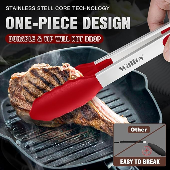 Walfos Silicone Tongs for Cooking - Heat Resistant kitchen tongs for Salad,Cooking, Grilling,Stainless Steel and BPA Free Silicone Tips set of 3 (7" 9" and 12 inch)