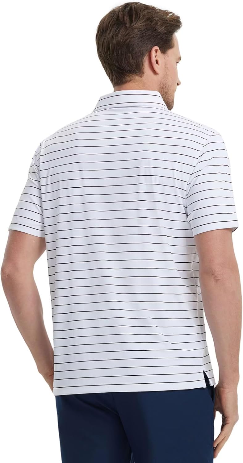 M MAELREG Mens Striped Golf Shirts Short Sleeve Silk-Like Touch Water-Resistant Breathable Soft Collared Polo Shirts for Men