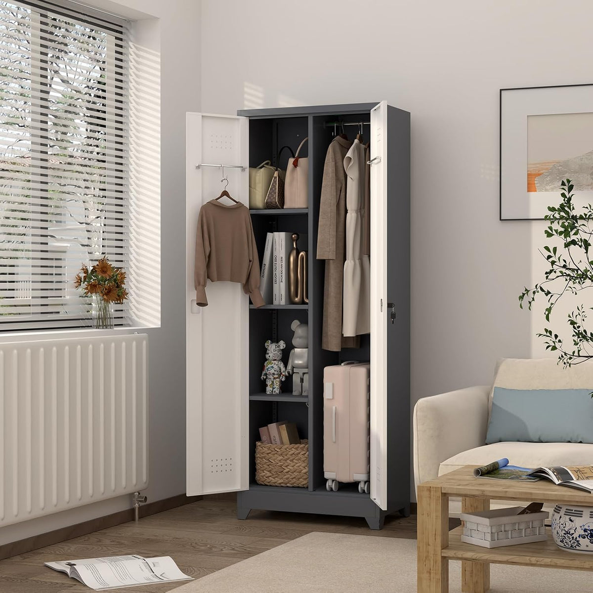 Metal Cabinets with Doors and Adjustable Shelves, 65" H Lockable Storage Cabinet, Grey-White Utility Cabinet for Brooms and Mops for Home,Kitchen,Garage