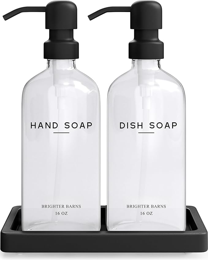 Glass Hand and Dish Soap Dispenser Set by Brighter Barns - Kitchen Soap Dispenser Set with Tray, Stainless Steel Pump - Glass Bottles for Sink - Black Kitchen Accessories for Home, Hotel, Gift (Clear)