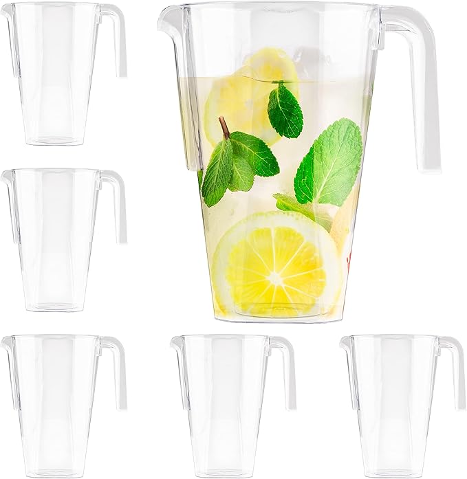 MATANA 6 Pack Clear Water Pitchers - 52 oz Plastic Beer Pitcher with Handle for Drinks, Juice, Lemonade, Beverages - BPA-Free Iced Tea Pitcher for Fridge, Home, Party, Event