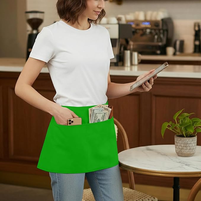 BOHARERS Waist Apron with 3 Pockets - Green Waitress Waiter Server Short Apron
