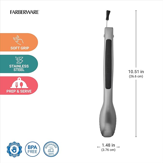 Farberware Stainless Steel Kitchen Tongs 9 Inch Locking Heat Resistant Ergonomic Handle Scalloped Tips Durable Dishwasher Safe Cooking and Serving Tool