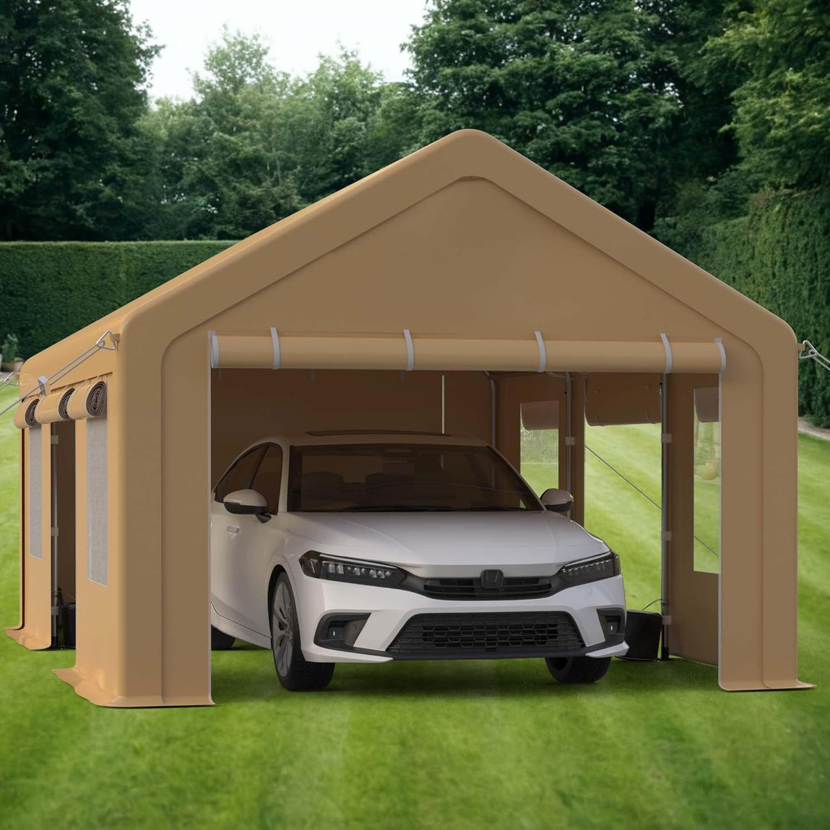 Heavy Duty Carport, Portable Garage with 4 Doors & 4 Window，Upgraded Carport with Reinforced Steel Poles, Uv Resistant All-Season Waterproof Tarp, for Car, Truck, Boat