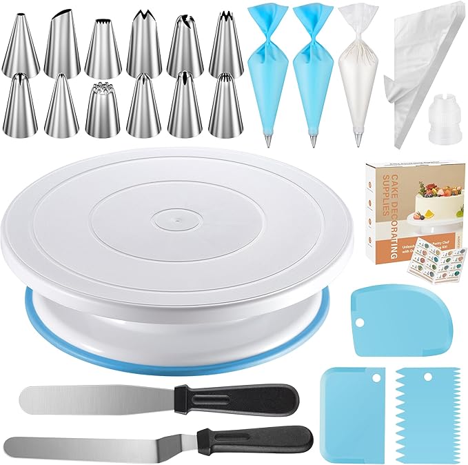 Kootek 71PCs Cake Decorating Kit, Baking Supplies Tools - Includes Cake Stand Turntable, 12 Icing Piping Tips Set, 2 Frosting Spatulas, 3 Scrapers, 50+2 Piping Bags, Coupler, Video Tutorial, Booklet