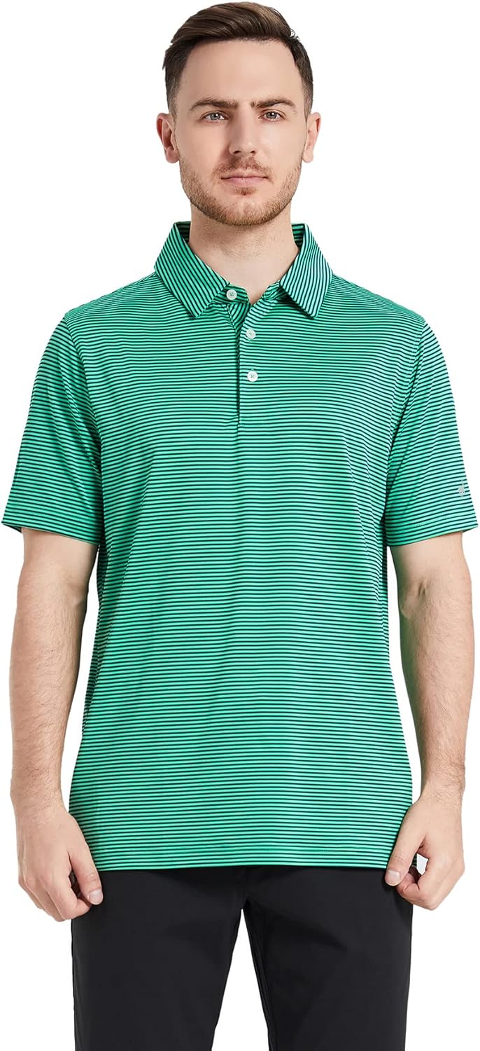 Men's Golf Polo Shirts Short Sleeve Striped Performance Moisture Wicking Dry Fit Golf Shirts for Men