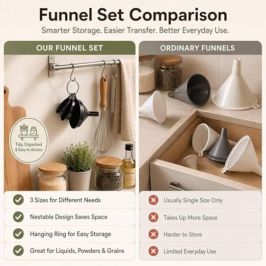 Stainless Steel Funnels Set Kitchen Funnels 3 Piece Set Small Medium Large Black Funnel for Dry Ingredients for Liquids (Black-with Brush)