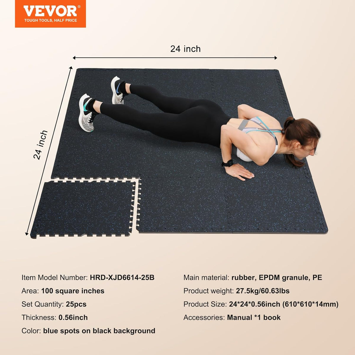 VEVOR 0.56 Inch Thick Gym Floor Tiles, 25 Tiles Rubber Top with EVA Foam, 25" x 25" Gym Flooring Workout Mats with 100sq.ft Coverage, Interlocking Puzzle Gym Mats for Gym, Home, Garage, Black & Blue